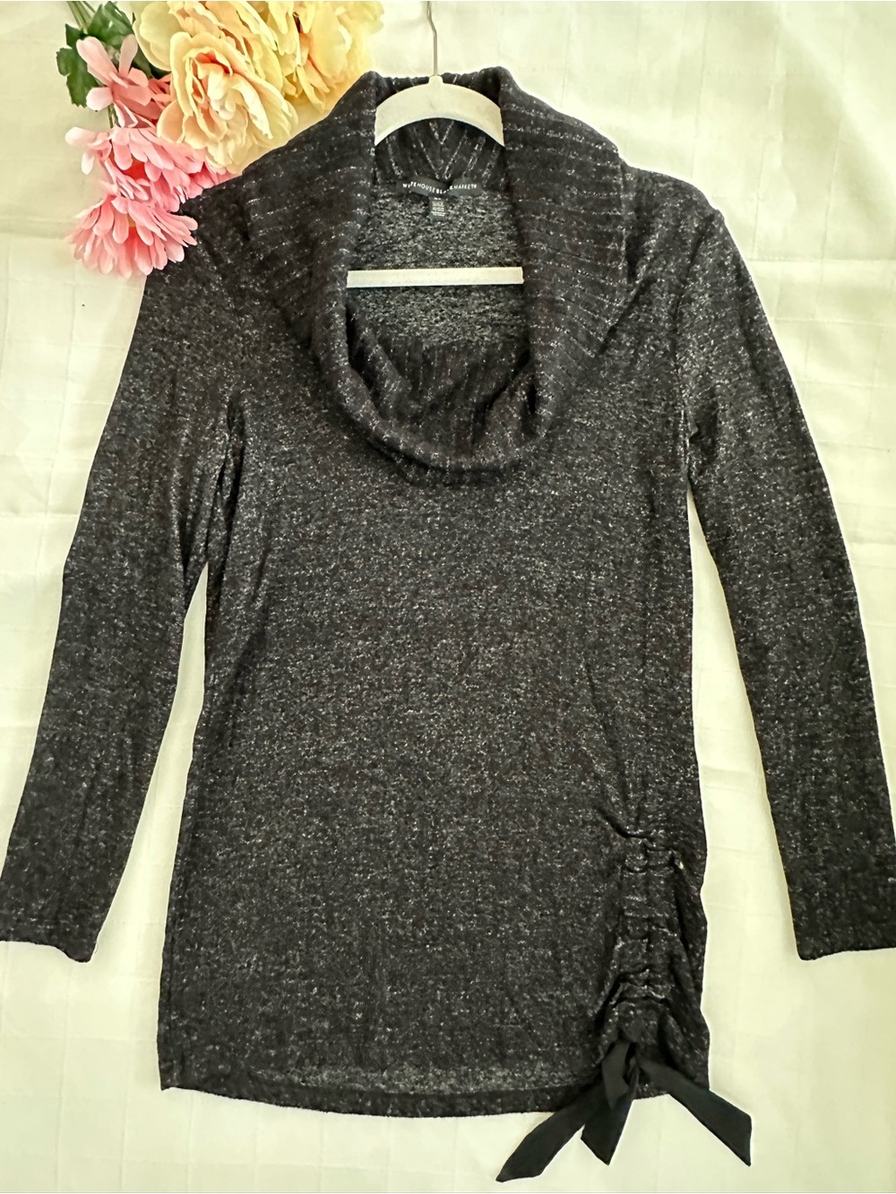 White House Black Market Dark Charcoal Cowl Neck Sweater/Tunic with Side Tie!
